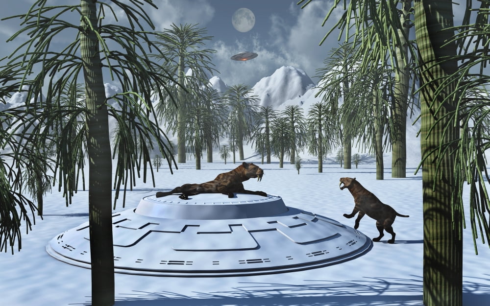 A pair of Sabre-Tooth Tigers encountering UFOs Canvas Art - Mark StevensonStocktrek Images (36 x 23)
