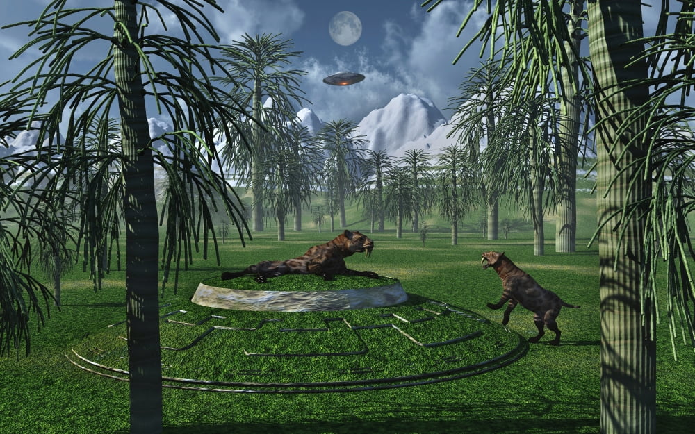 A pair of Sabre-Tooth Tigers encountering UFOs Canvas Art - Mark StevensonStocktrek Images (36 x 23)