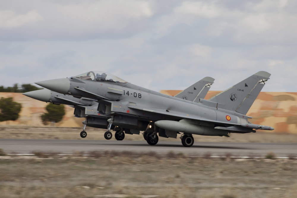 A pair of Spanish Air Force Typhoon jets taking off Canvas Art - Timm ZiegenthalerStocktrek Images (17 x 12)