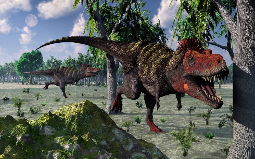 A pair of Tarbosaurus dinosaurs hunting for food Canvas Art - Mark StevensonStocktrek Images (36 x 23)