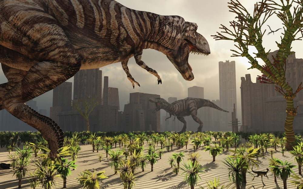 A pair of Tyrannosaurus Rex explore a city in hopes of finding their next meal Canvas Art - Mark StevensonStocktrek Images (36 x 23)
