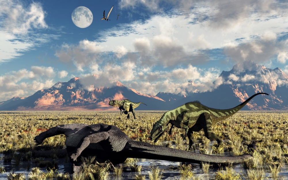 A pair of Yangchuanosaurus about to eat the remains of a dead Omeisaurus Canvas Art - Mark StevensonStocktrek Images (18 x 12)