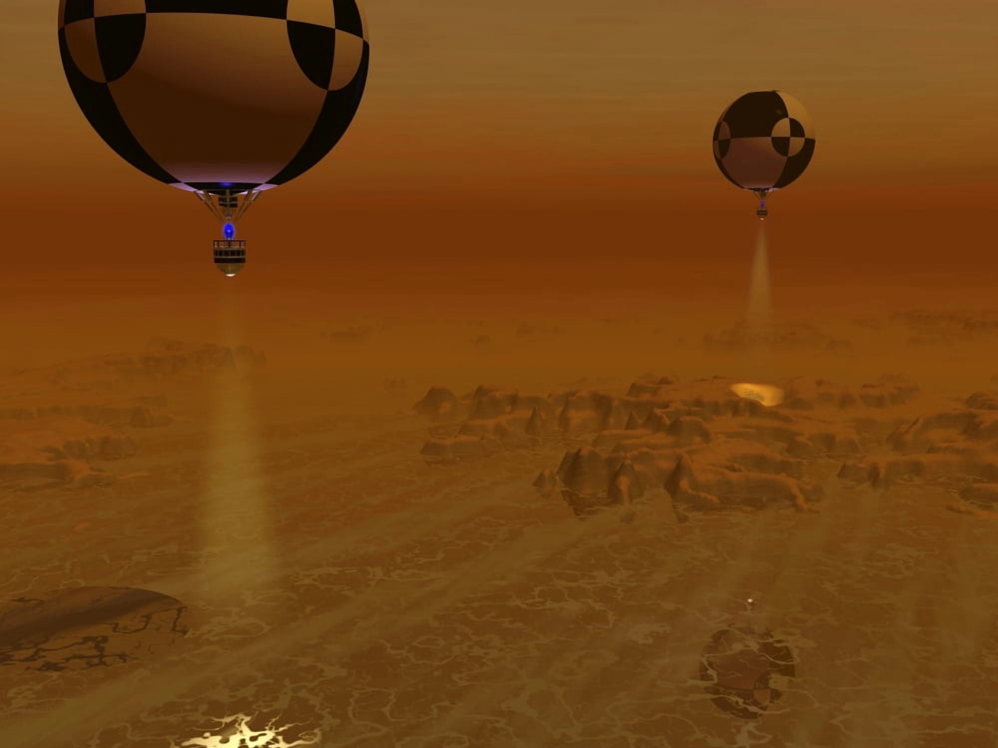 A pair of balloon-borne probes leisurely survey the surface of Titan Canvas Art - Walter MyersStocktrek Images (17 x 13)