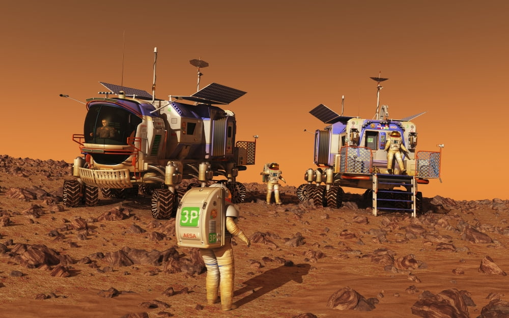 A pair of manned Mars rovers rendezvous on the martian surface Canvas Art - Walter MyersStocktrek Images (36 x 23)