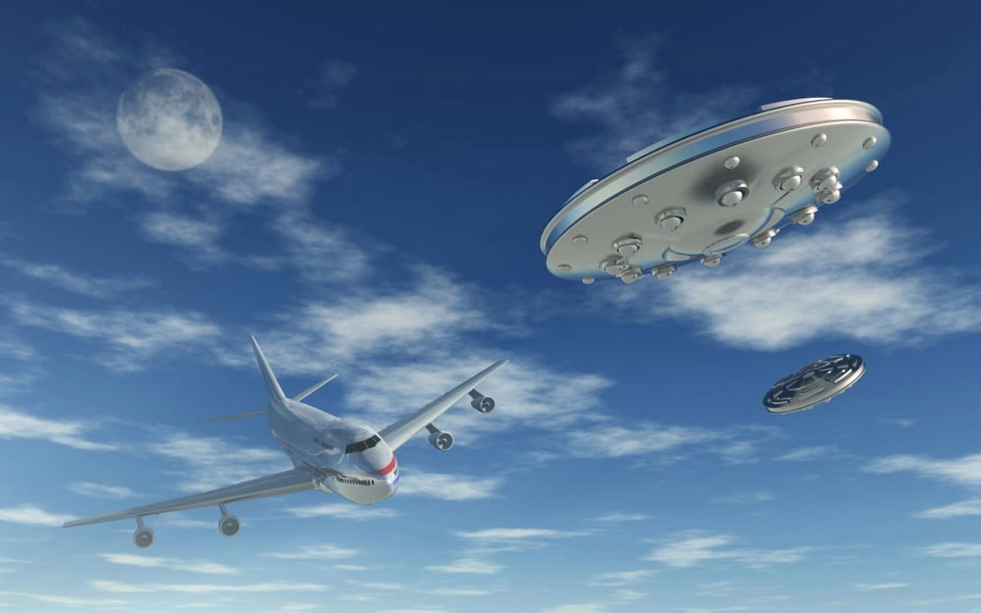 A pair of silver metallic disc shaped UFOs buzzing a Boeing 747 commerical airliner Canvas Art - Mark StevensonStocktrek Images (18 x 12)