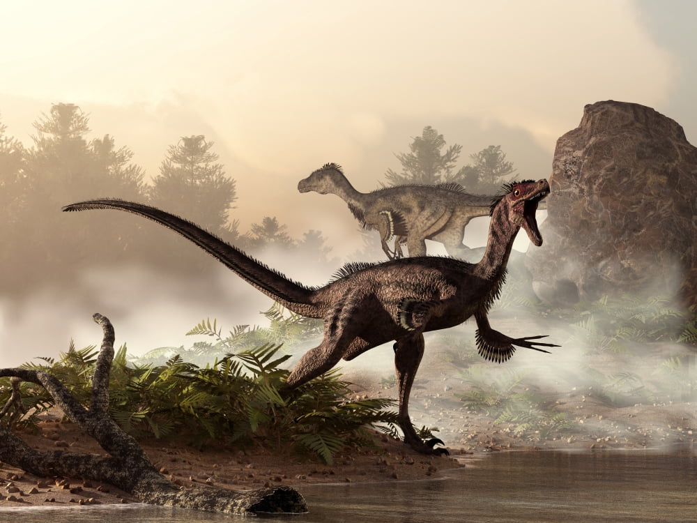 A pair of velociraptors patrol the shore of an ancient lake Canvas Art - Daniel EskridgeStocktrek Images (33 x 25)