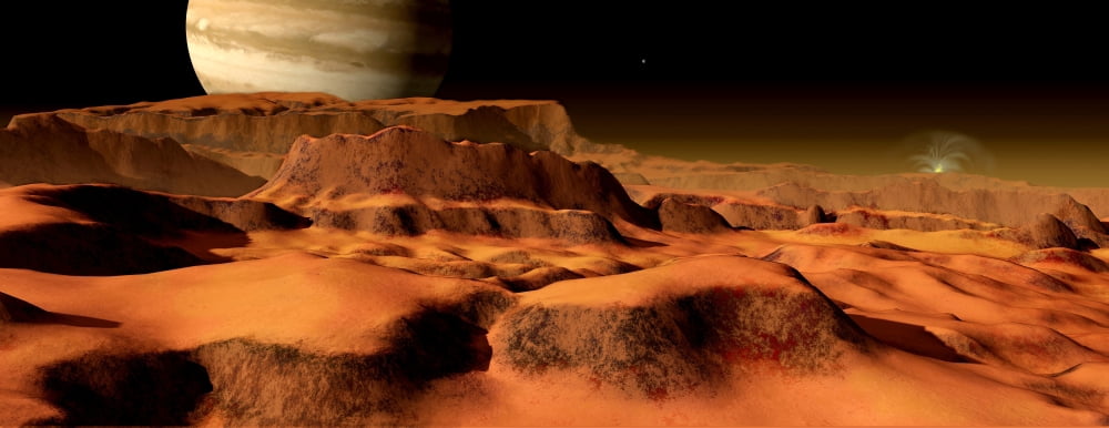 A panorama of the strange mesa-like mountains on Io Canvas Art - Ron MillerStocktrek Images (45 x 18)