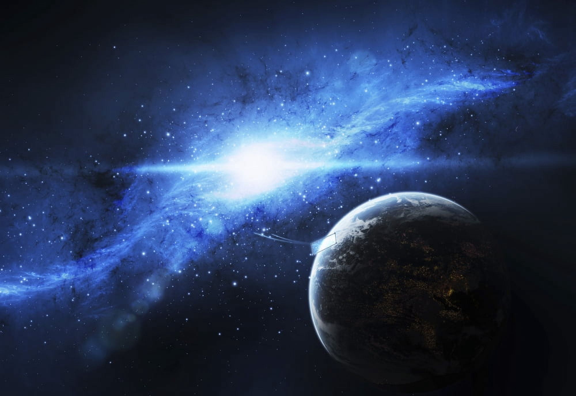A paradise world with a huge city looks out on a beautiful nebula Canvas Art - Justin KellyStocktrek Images (17 x 12)