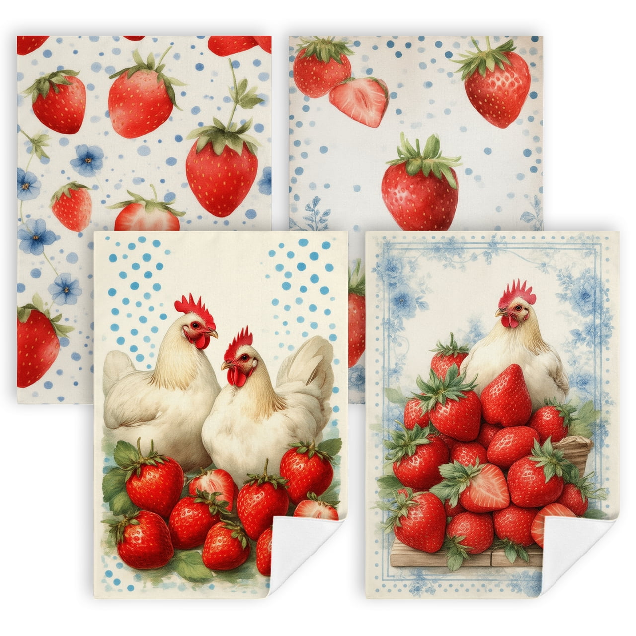 A pattern of strawberries and blue flowers on a white backgroundkitchen ...