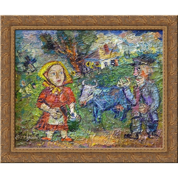A peasant couple with cow and geese 24x20 Gold Ornate Wood Framed Canvas Art by David Burliuk