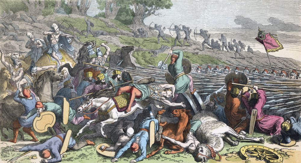 A phalanx of Alexander the Great's Macedonian troops in combat with the