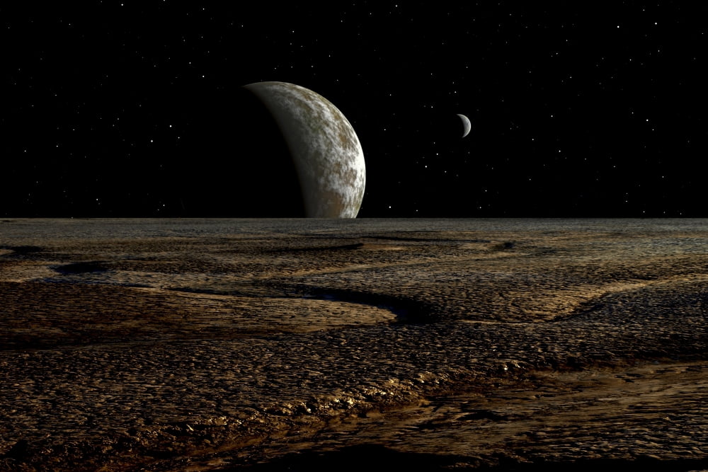 A planet and its moon are dimly lit by a distant sun Canvas Art - Frank HettickStocktrek Images (35 x 24)