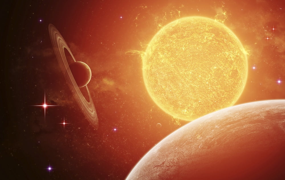 A planet and its moon resisting the relentless heat of the giant orange sun Pollux Canvas Art - Kevin LafinStocktrek Images (35 x 23)