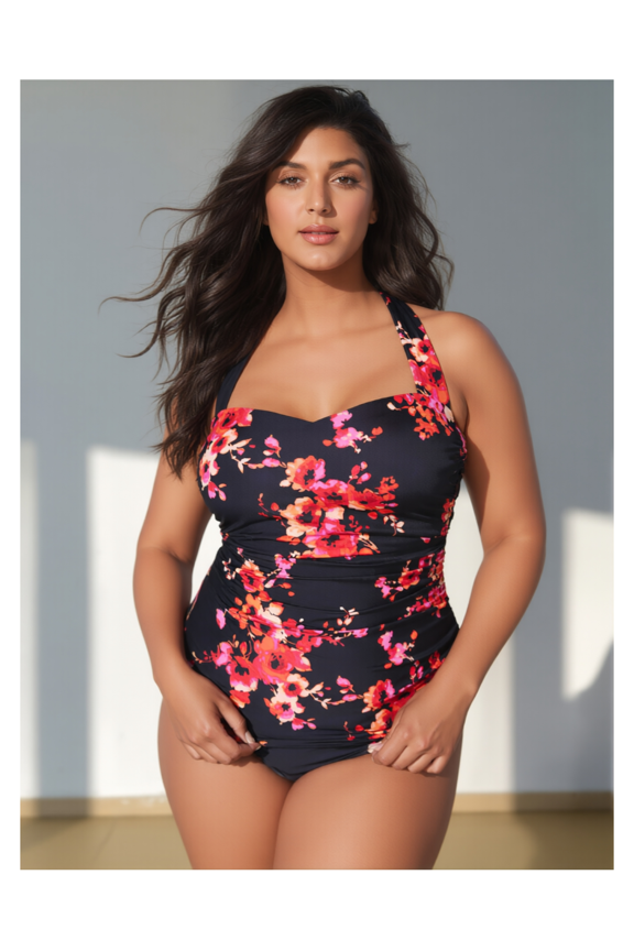 A plus-size, sexy, retro, floral, backless, conservative, casual and slimming swimsuit for women from Europe and America