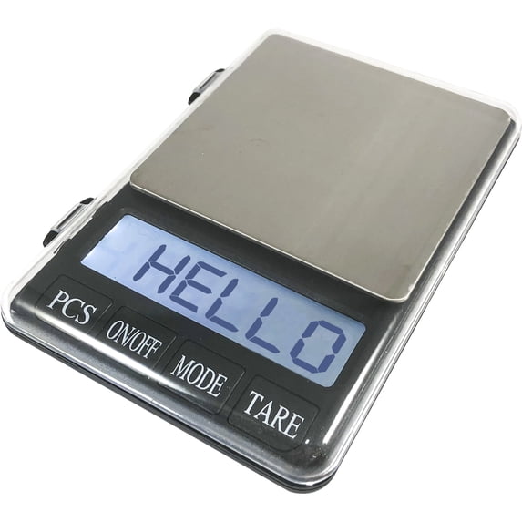 A pocket scale with a large display, 1-minute auto-off, overload indicator, and Low battery indicator.