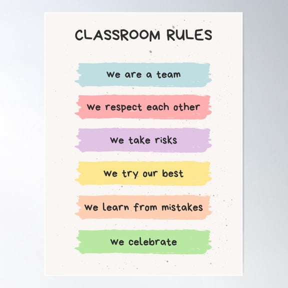 A poster of classroom rules displays the guidelines and expectations for students in a learning environment. Poster, 8x12 UNFRAMED