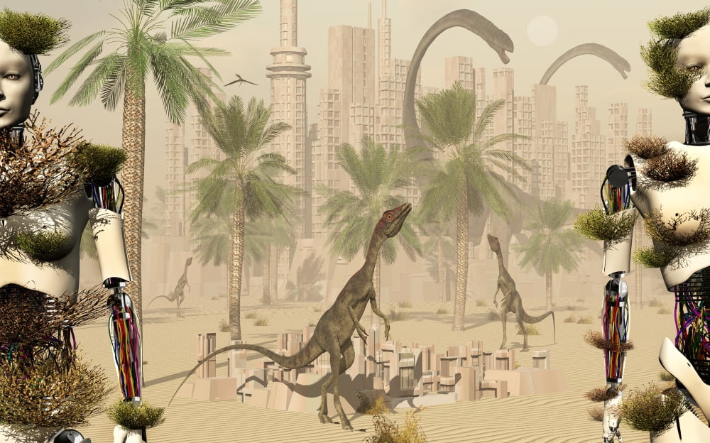A prehistoric city now void of any life except for curious dinosaurs Canvas Art - Mark StevensonStocktrek Images (18 x 11)