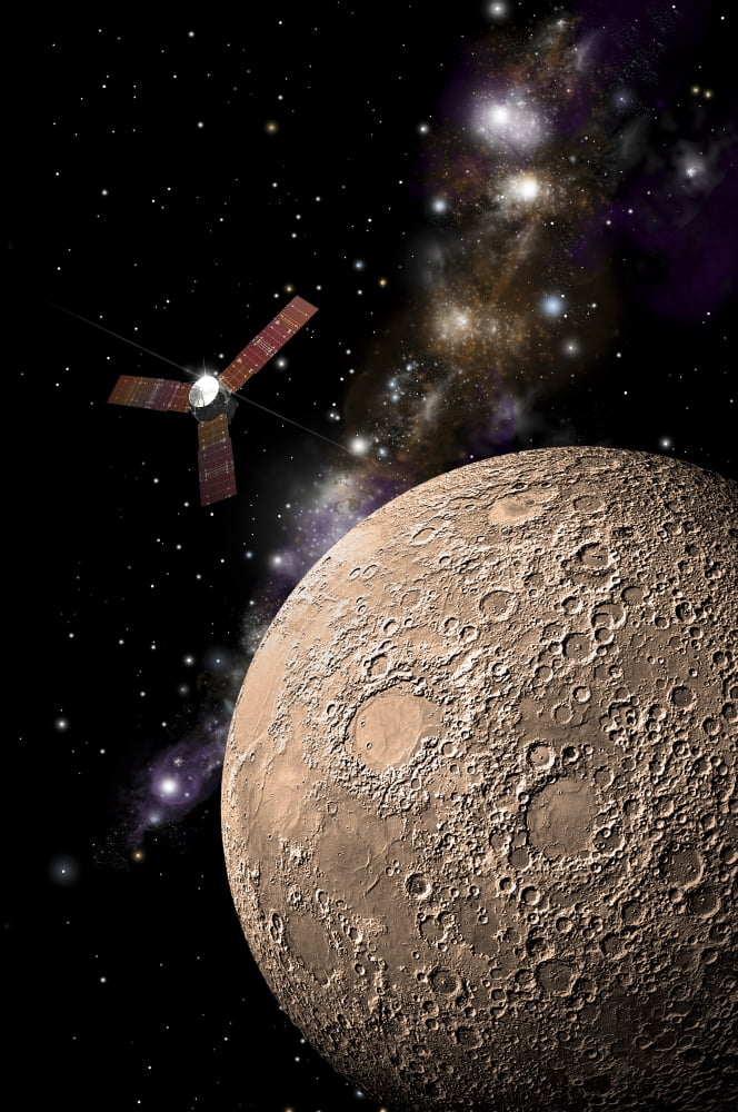 A probe investigating a heavily cratered moon in deep space Canvas Art - Marc WardStocktrek Images (23 x 35)