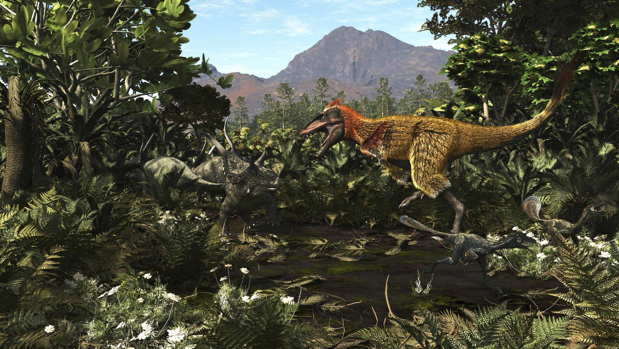 A protofeathered Lythronax comes upon a pair of Diabloceratops Canvas Art - Arthur DoretyStocktrek Images (37 x 21)