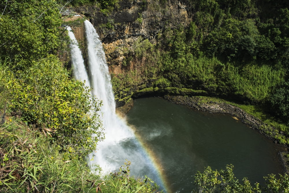 A rainbow adorns Wailua Falls Kauai Hawaii United States of America Canvas Art - Robert L Potts Design Pics (18 x 12)