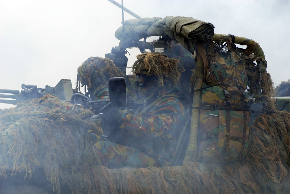 A recce or scout team of the Belgian Army in action under a smoke curtain Canvas Art - Luc De JaegerStocktrek Images (34 x 23)