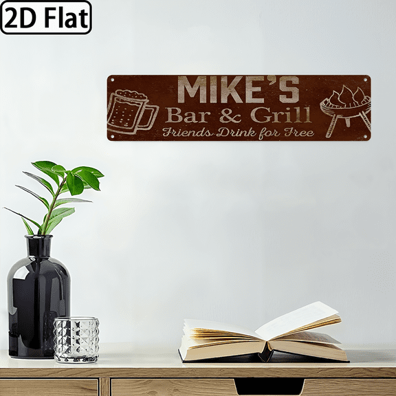 A rectangular "MIKE'S Bar & Grill Friends Drink for Free" aluminum sign. For home decorative signs & plaques. 2D flat. 164 inches.