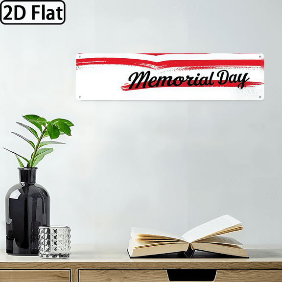 A rectangular "Memorial Day - Red Brush Strokes" aluminum plaque. For home Decorative Signs & Plaques. 2D flat graphic. Size: 16 * 4 inches.