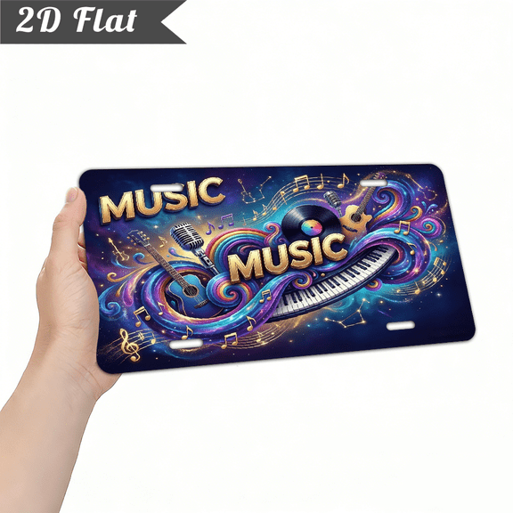 A rectangular aluminum "MUSIC guitar microphone piano vinyl" decorative sign. For home Decorative Signs & Plaques. 2D flat. Size is 12 * 6 inches.