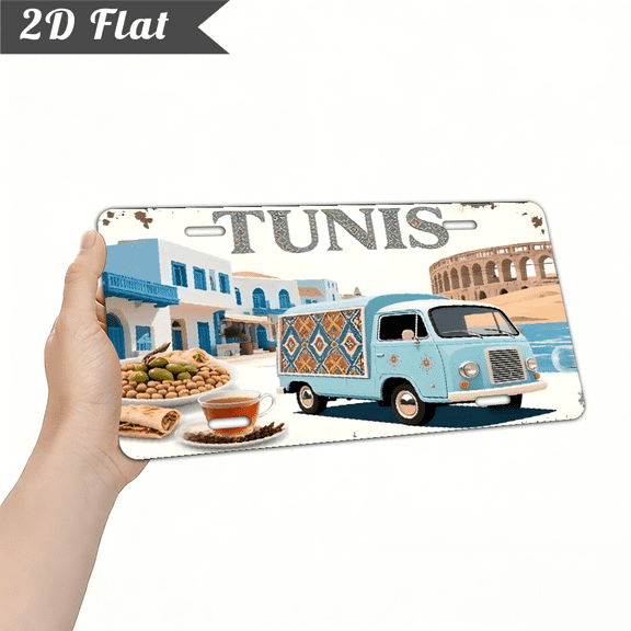 A rectangular aluminum "TUNIS" decorative license plate. The size is 12 * 6 inches.