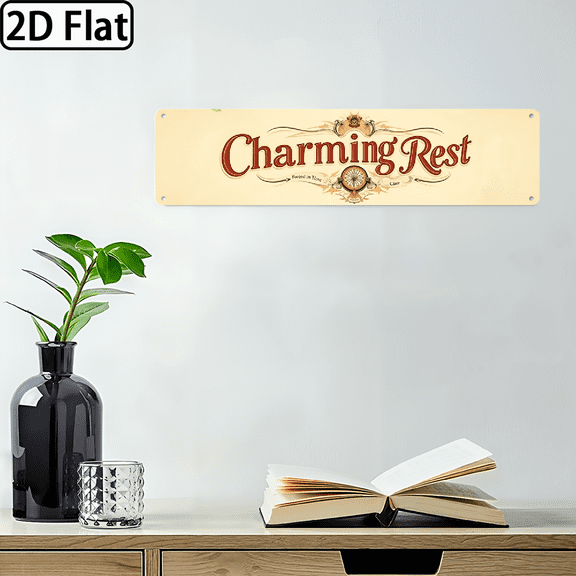A rectangular aluminum plaque with "Charming Rest" text. For home Decorative Signs & Plaques, 2D flat, 16 * 4 inches.