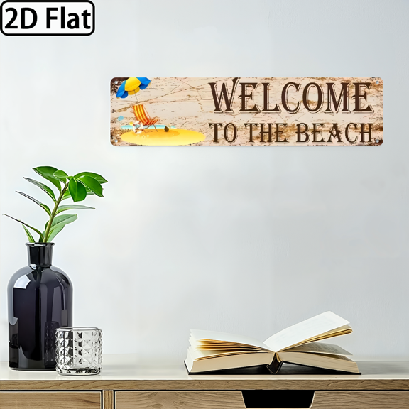 A rectangular aluminum sign reading "WELCOME TO THE BEACH". It can be used as a home decoration item, with dimensions of 16 * 4 inches.
