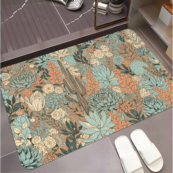A rectangular flannel floor mat with Desert Garden Oasis.Machine washable,made of flannel,suitable for outdoor porch,kitchen, living room,bathroom.