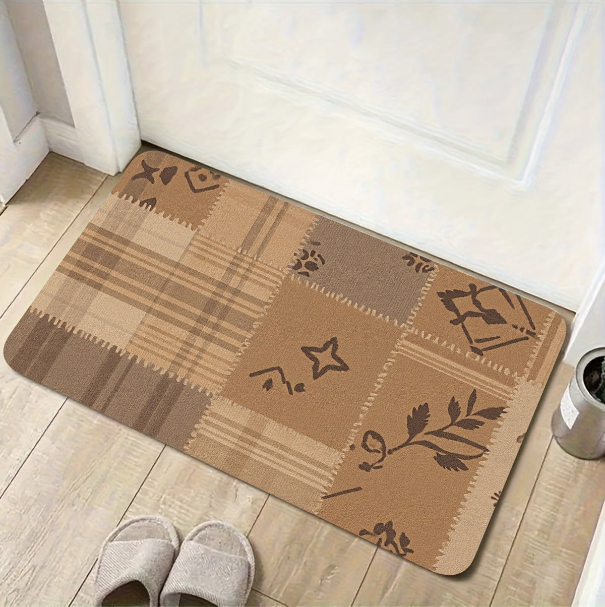 A rectangular flannel floor mat with Rustic Patchwork Mat.Machine ...