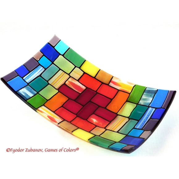 A rectangular fused glass plate "A Rainbow Rocky Road"