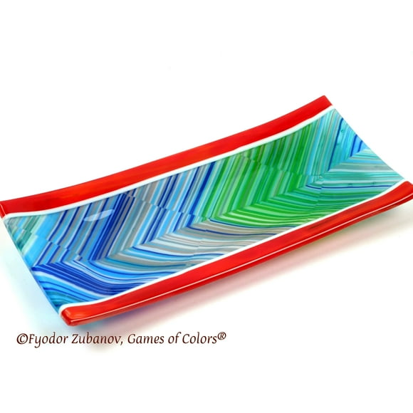 A rectangular fused glass plate "Peacock feather"; plate for sushi