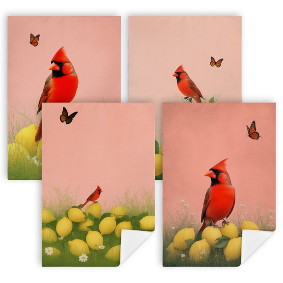 A red bird sitting on top of a pile of lemonskitchen towelSet of 4 16x24 Inch decorative dish towels for kitchen
