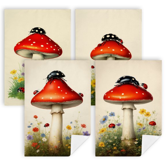 A red mushroom with two ladybugs sitting on top of itkitchen dish towels4 Pieces 16" x 24" kitchen decor