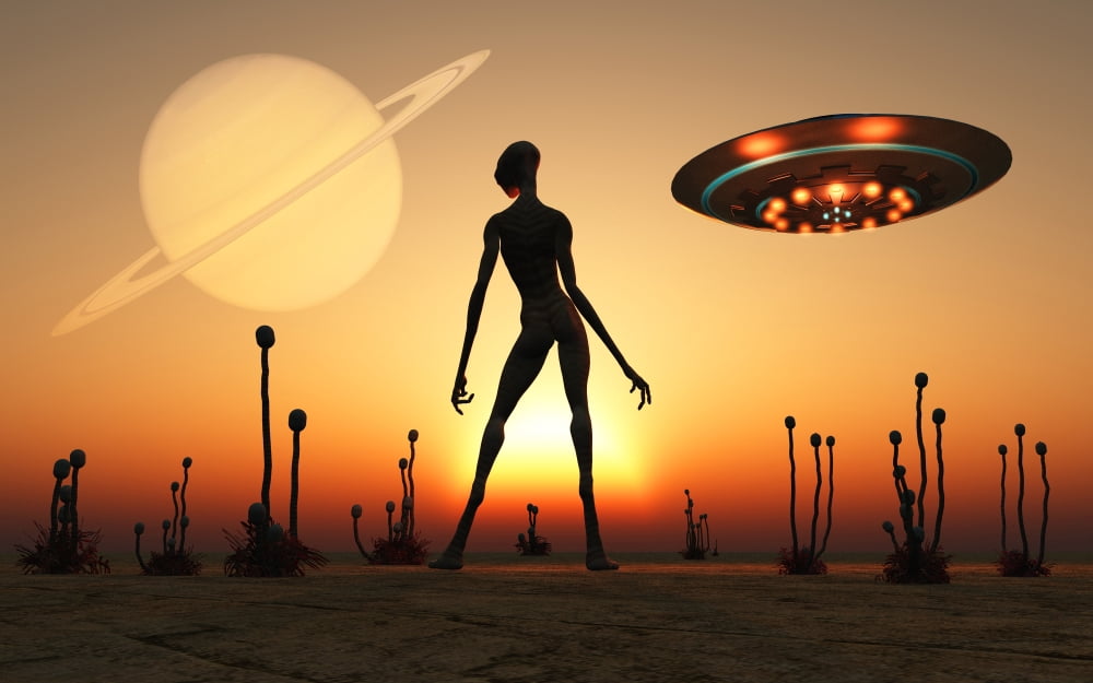 A reptoid alien attending its garden on the moon of a ringed alien world Canvas Art - Mark StevensonStocktrek Images (36 x 23)