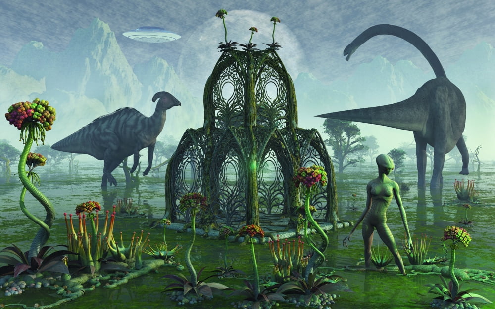 A reptoid alien colonist at work on a prehistoric Earth with dinosaurs Canvas Art - Mark StevensonStocktrek Images (18 x 12)