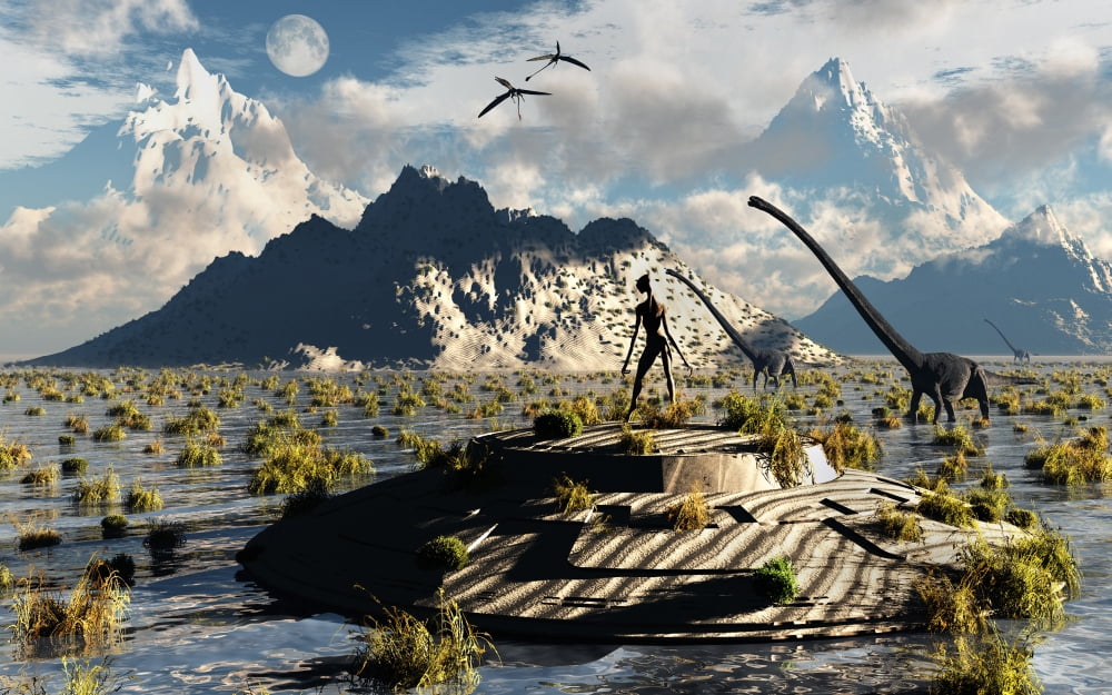 A reptoid atop an abandoned UFO watching a herd of dinosaurs Canvas Art - Mark StevensonStocktrek Images (18 x 12)