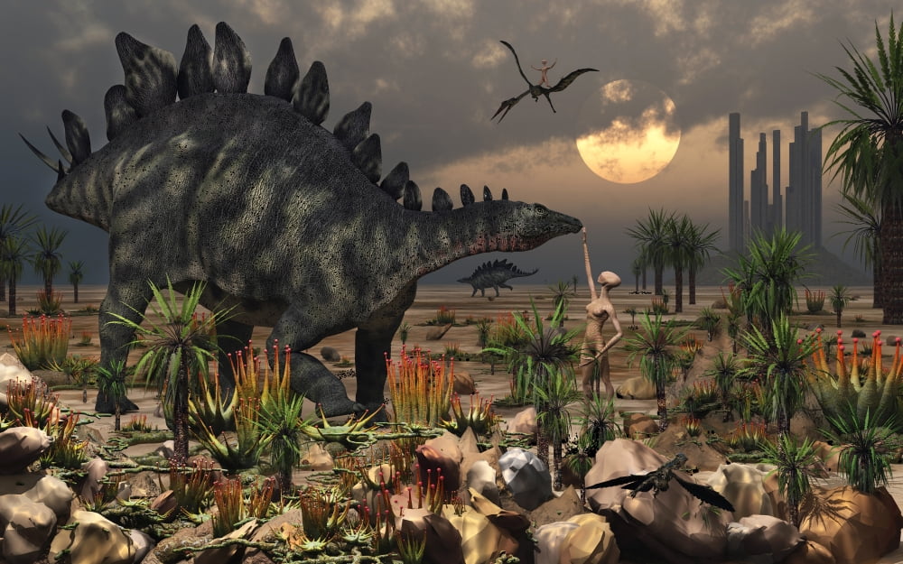 A reptoid being and a Stegosaurus communicate using telepathy Canvas Art - Mark StevensonStocktrek Images (36 x 23)