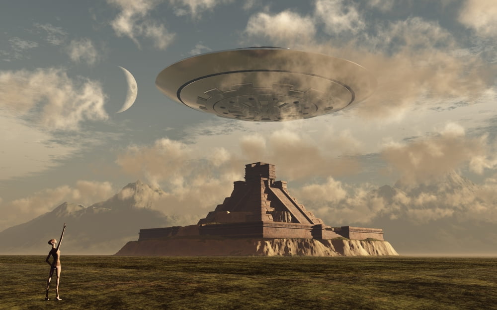 A reptoid greets an incoming flying saucer above a pyramid Canvas Art - Mark StevensonStocktrek Images (36 x 23)