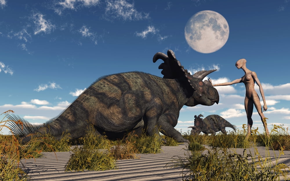 A reptoid using telepathy to communicate with a Albertaceratops dinosaur Canvas Art - Mark StevensonStocktrek Images (36 x 23)