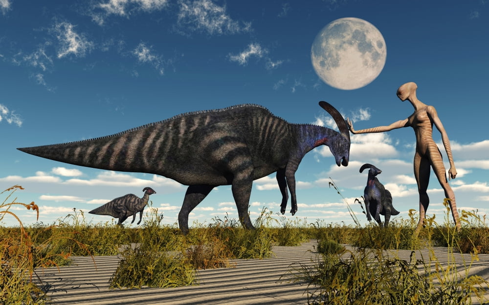 A reptoid using telepathy to communicate with a Parasaurolophus dinosaur Canvas Art - Mark StevensonStocktrek Images (18 x 12)