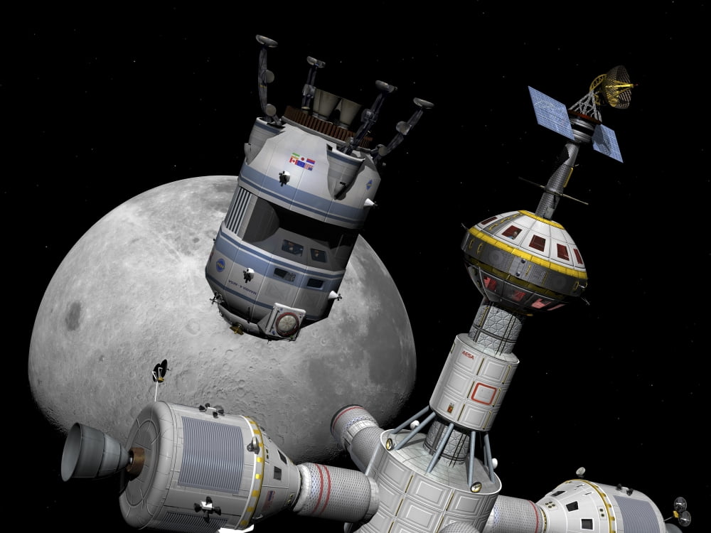 A reusable lunar shuttle prepares to dock with a lunar cycler Canvas Art - Walter MyersStocktrek Images (17 x 13)
