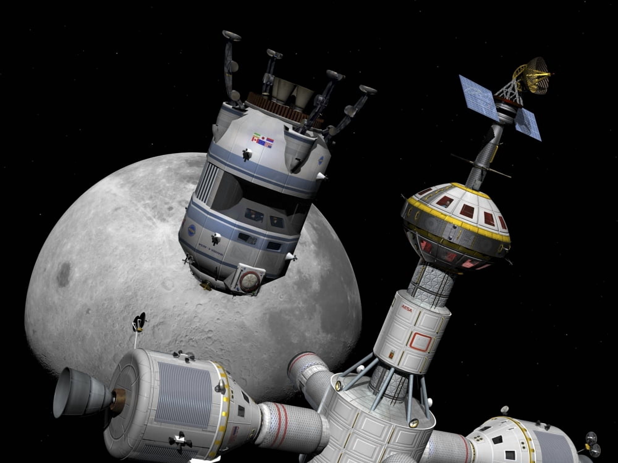 A reusable lunar shuttle prepares to dock with a lunar cycler Canvas Art - Walter MyersStocktrek Images (33 x 25)