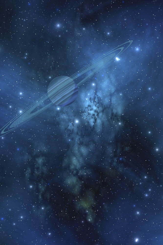 A ringed planet orbits near a beautiful nebula in space Canvas Art - Corey FordStocktrek Images (12 x 18)
