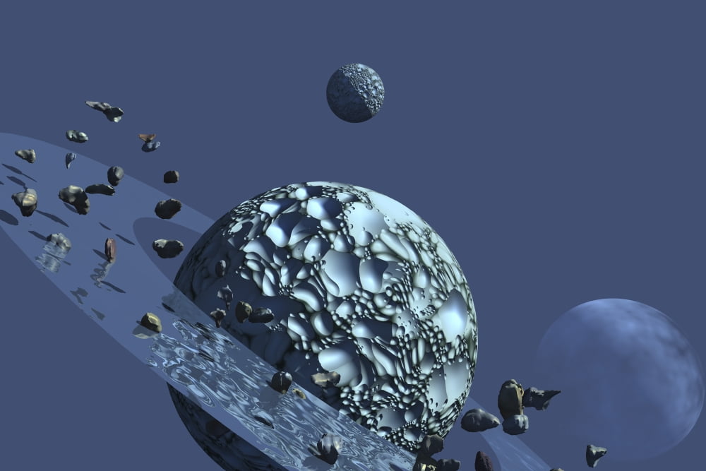 A ringed rocky planet has many asteroids in orbit Canvas Art - Corey FordStocktrek Images (35 x 23)