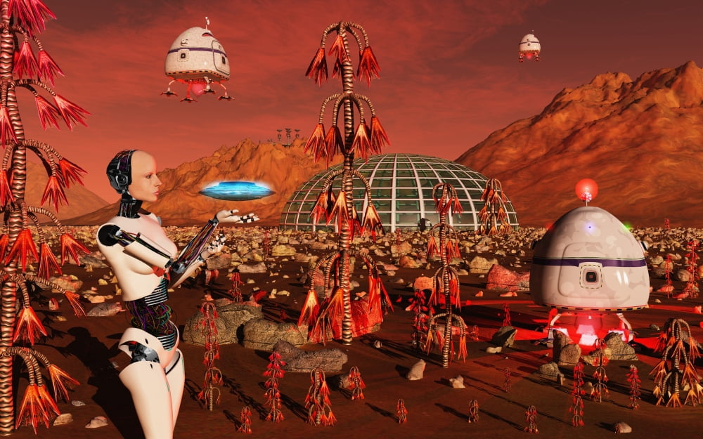 A robot and landing craft making deliveries to a habitat dome Canvas Art - Mark StevensonStocktrek Images (36 x 23)