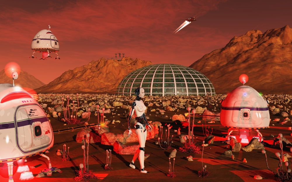 A robot and landing craft making deliveries to a habitat dome Canvas Art - Mark StevensonStocktrek Images (36 x 23)